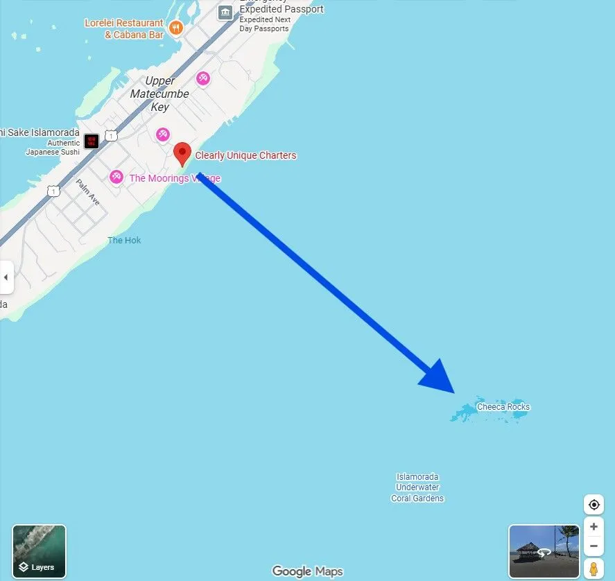 Clearly unique charters shown on google maps with an arrow to cheeca rocks to show how close it is