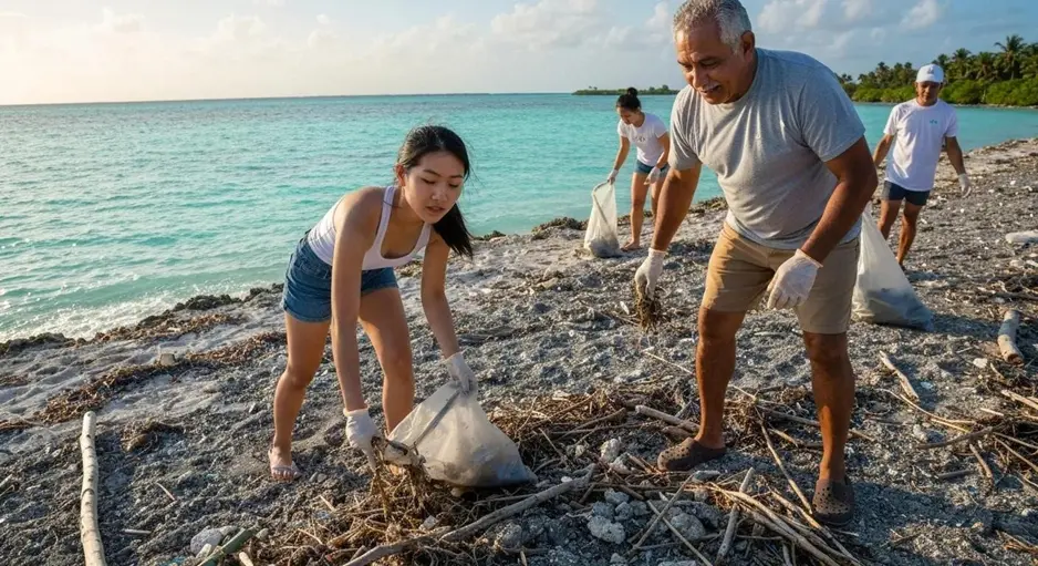 Volunteers cleaning up litter and debris on a beach near turquoise ocean water.
