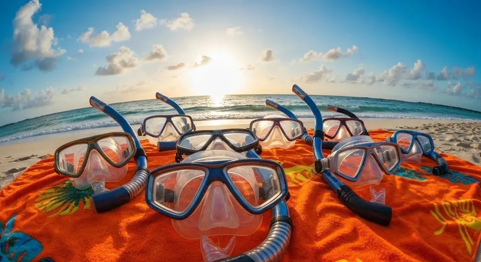 Set of snorkeling masks and breathing tubes placed on an orange beach towel near the ocean at sunset, with waves and a bright sky in the background.