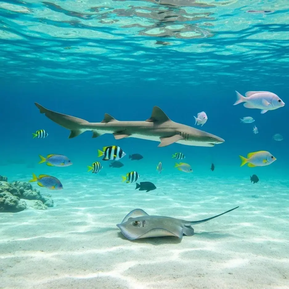 A shark swimming gracefully among colorful tropical fish and a stingray on the sandy ocean floor.