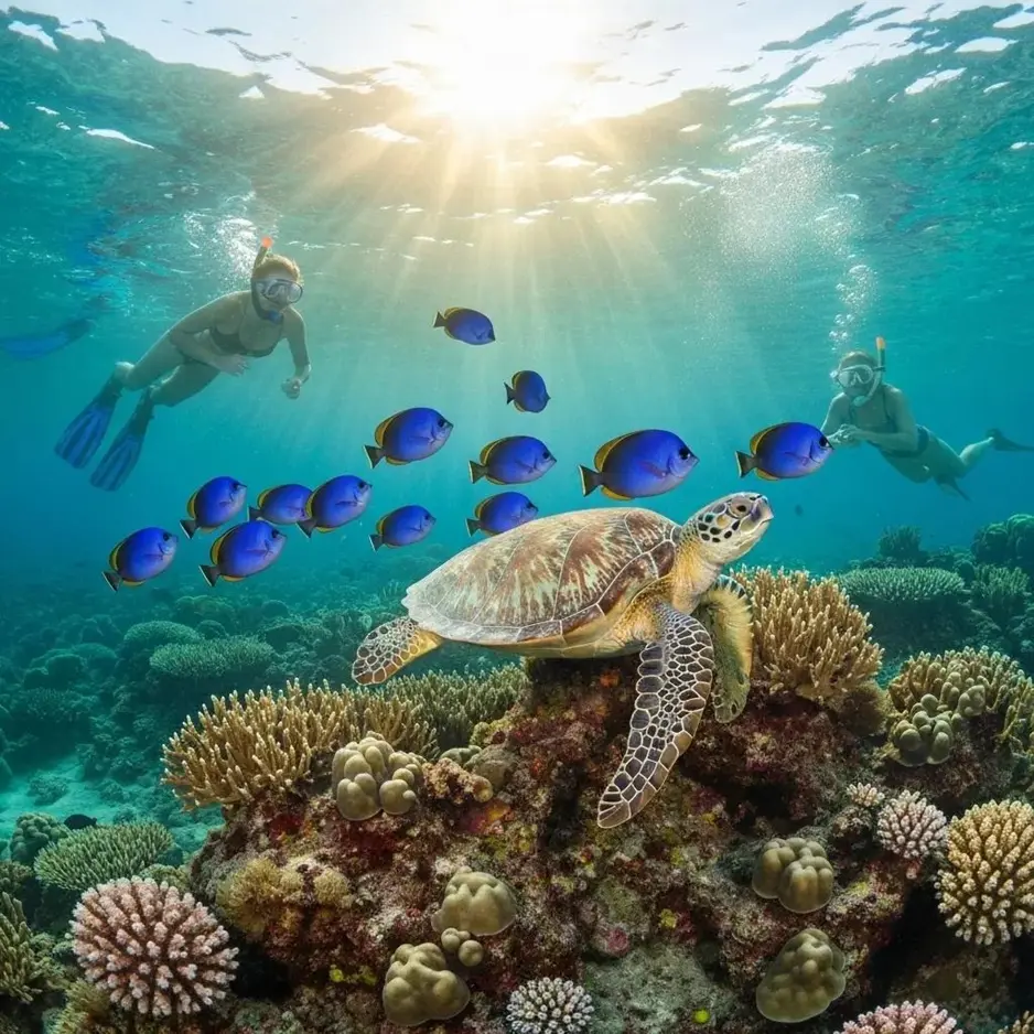 Two snorkelers observing a sea turtle resting on a coral reef surrounded by blue tropical fish.