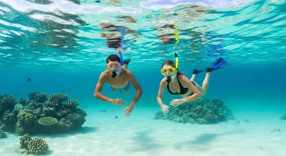 Two people snorkeling over a coral reef in clear blue tropical water, surrounded by small fish and sunlight reflecting on the surface.
