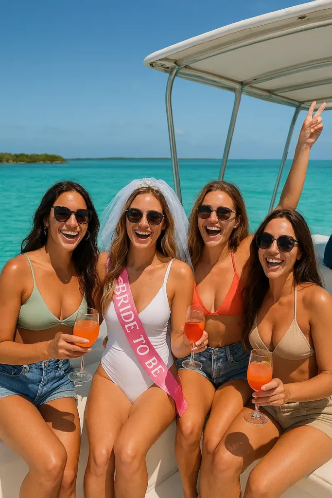 Females smiling enjoying their time on a bachelorette private charter in the sun