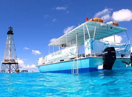 A light blue tour boat with a white canopy floats in clear tropical water next to a skeletal lighthouse.