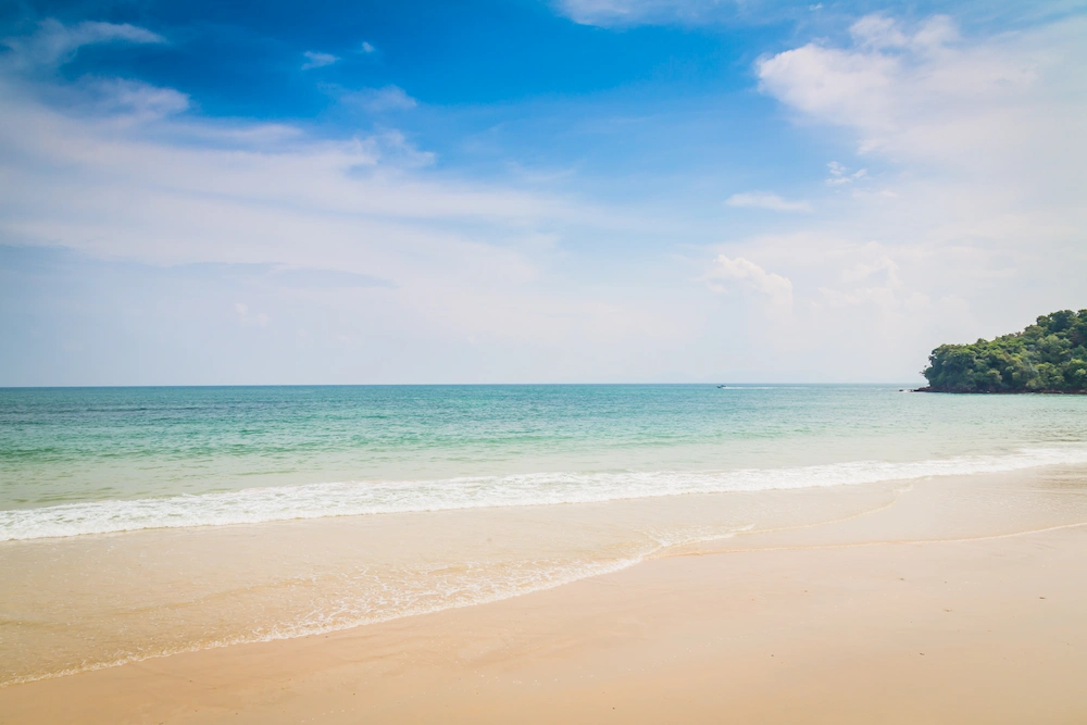 Wide sandy beach meeting gentle ocean waves under a blue sky